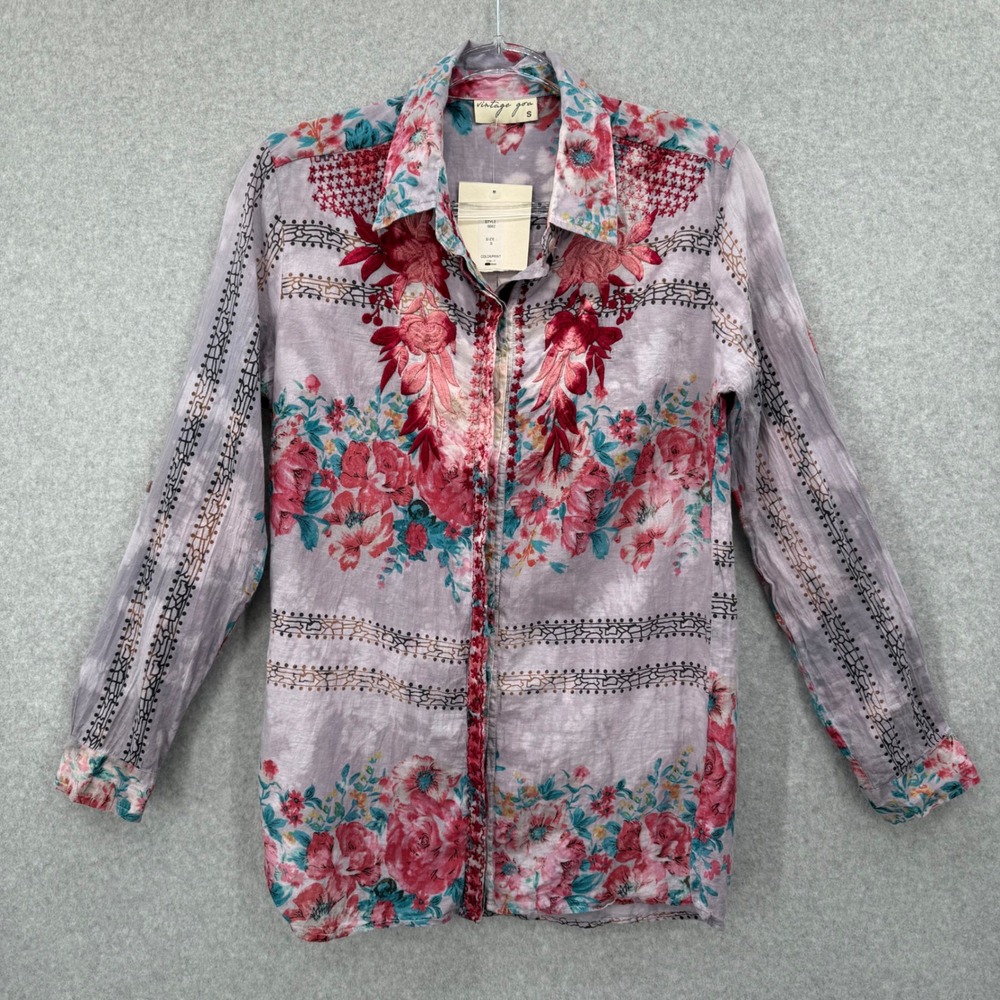 Vintage Goa Floral Embroidered Button Down Shirt Top Boho Women Floral Small NWT